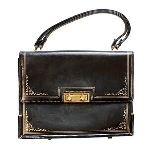 VTG Italy Scuola del Cuoio Black Leather Vintage Handbag Stamped Gold Accent